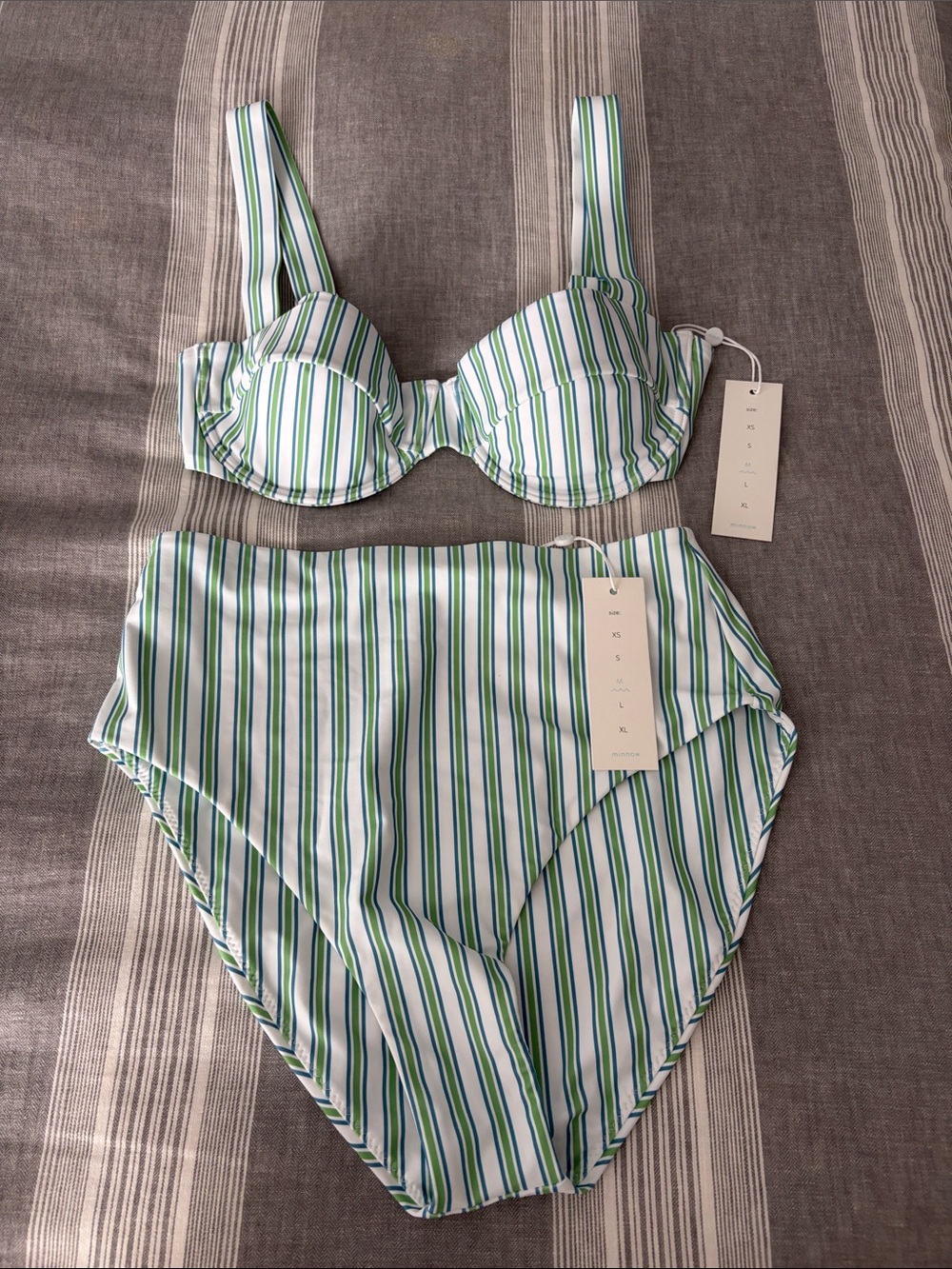 High-Waist Stripe Bikini Set in Green & White